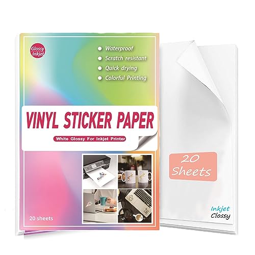 Sticker papier zum bedrucken A4 Glänzend Weiß-20 Blätter，Wasserfester Vinylaufkleber für Inkjetdrucker und Laserdrucker Inkjet Etiketten Papier Selbstklebendön & Trocknet Schnell