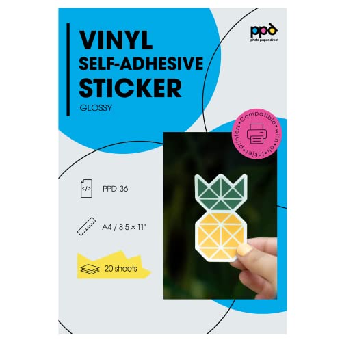 PPD 20xA4 Inkjet PREMIUM Vinyl Aufkleberfolie Bedruckbar, Weiß, Glänzend, Selbstklebend PPD-36-20