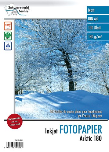 Schwarzwald Mühle Druckerpapier: 100 Blatt Inkjet-Fotopapier 'Arktic' matt 180g/m² A4 (Fotopapier beidseitig bedruckbar, Druckerpapier Fotopapier, Fotodrucker)